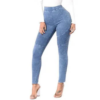 

Spring Fitness Skinny Denim Jeans Women Casual Pencil Pants Pleated Stretch Elastic Waist Jean Bodycon Trousers 7 Colors