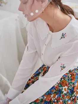

Women White Shirt 2020 New Long Sleeve Emberidery Peter Pan Collar 100% Cotton Sweet Blouse And Tops For Spring Summer
