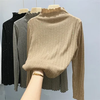 

2020 Spring Autumn Knitted Long-Sleeve Tshirt Women's Plus Size Fit 4XL T-shirt Slim-Fit High Collar Pullover Shirt Female Tees