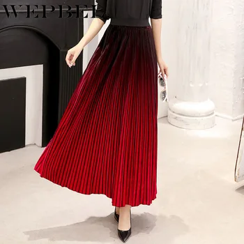 

WEPBEL Women Long Pleated Skirt Ramadan Muslim Islamic Clothing Gradient Big Skirt High Waist Ankle Length Skirts