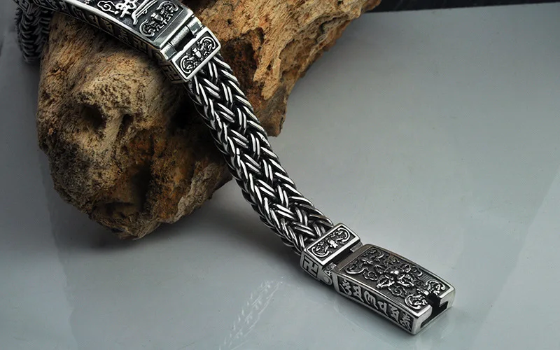New real pure S925 solid silver Buddhism six-character mantra Vajra good luck woven bracelet  Thai silver vintage man bracelet