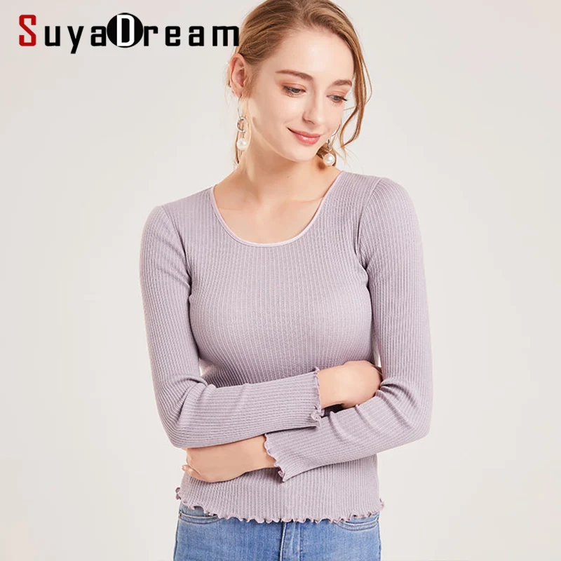 Женский пуловер SuyaDream облегающий свитер с круглым вырезом 30% шелк 70% хлопок