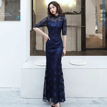 

Nave Blue Mandarin Collar Trumpet Qipao Sexy Lace Women Perspective Navy Blue Formal Party Dress Elegant Cheongsam Vestidos