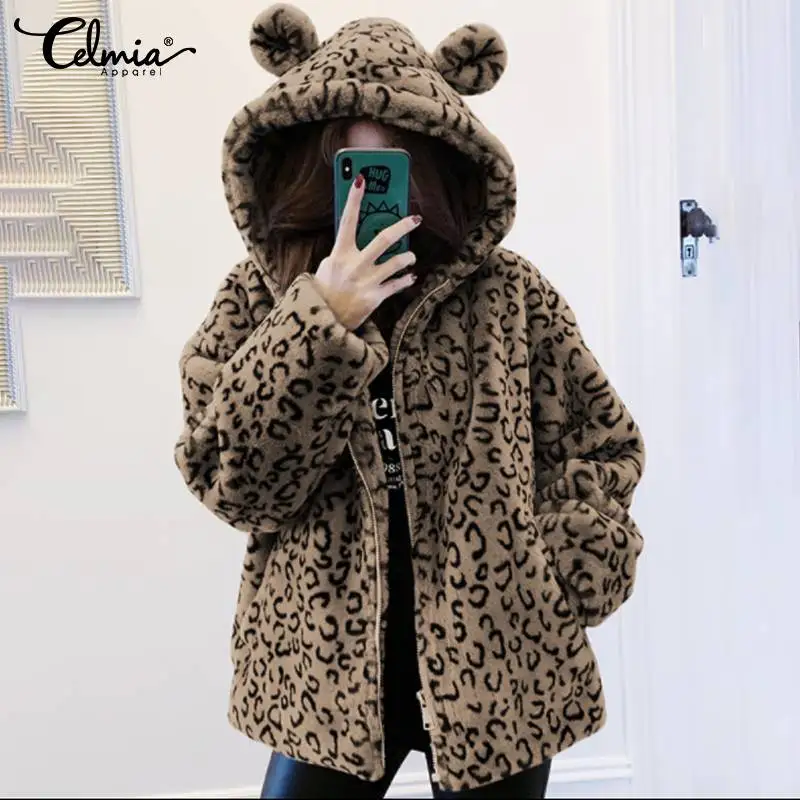 

2019 Celmia Winter Warm Coats Women Leopard Print Hooded Loose Zipper Plush Jackets Casual Cute Teddy Overcoats Plus Size S-5XL