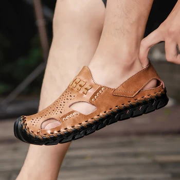

Summer Genuine Leather Male Beach Sandals Soft Comfortable Male Outdoor Beach Slippers Slip-ON Men Sandals Plus size 38-48 w5