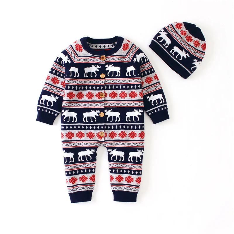 Navy Infant Boys Girls Overalls Christmas Suit New born Baby Romper+ Hat Long Sleeve Knit Toddler Winter Clothes Cotton Kid Jumpsuit - Цвет: Navy