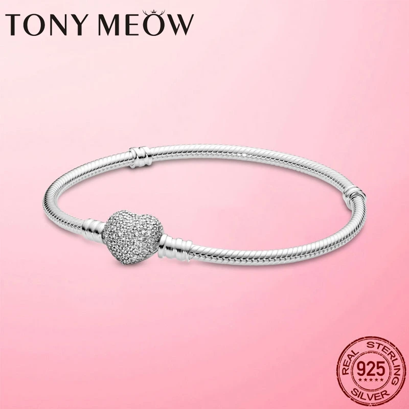 

High Quality 925 Sterling Silver Simple Heart Clasp Snake Chain Bracelet For Women Cubic Zircon Jewelry Sterling Silver Jewelry