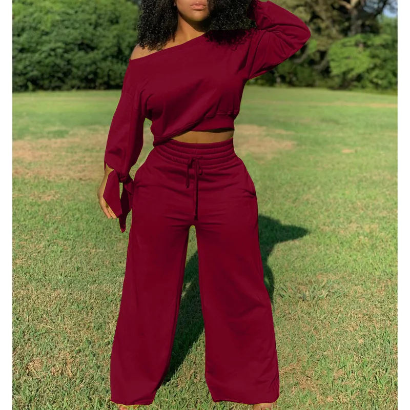 

New Trendy Women Kontted Fleece Long Sleeve Top and Casual Wide Leg Pants Set Solid Two Piece Fall Winter Tracksuits