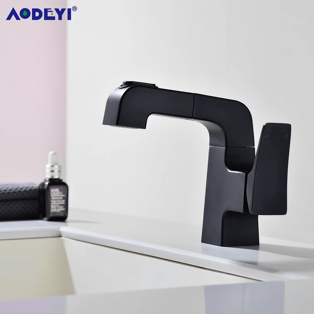 

Black Basin Sink Faucet Bathroom Pull Out Brass Mixer Tap Hot & Cold Water 360 Rotate Chrome Brushed Faucets with Pop Up Drain