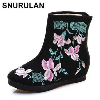 

SNURULAN 2019 New Chinese Wind Embroidered Canvas Plus Velvet Two Cotton Booties Increased Women's Booties C 1071