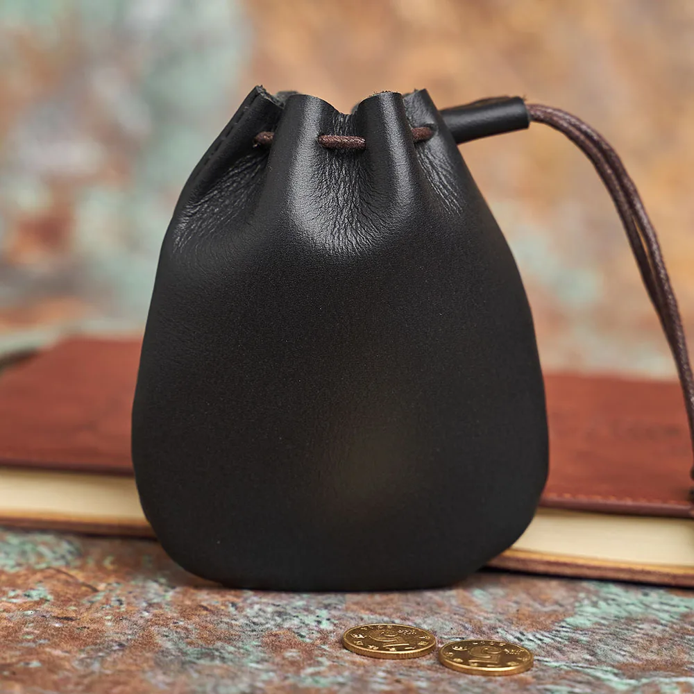 Vintage Leather Coin Purse | Unisex Small Wallet with Drawstring Closure