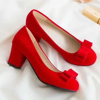 

2020 New Sweet Bow Knot Women Shoes Flock Square High Heels Slip On Spring Summer Party Shoes Woman Red Black