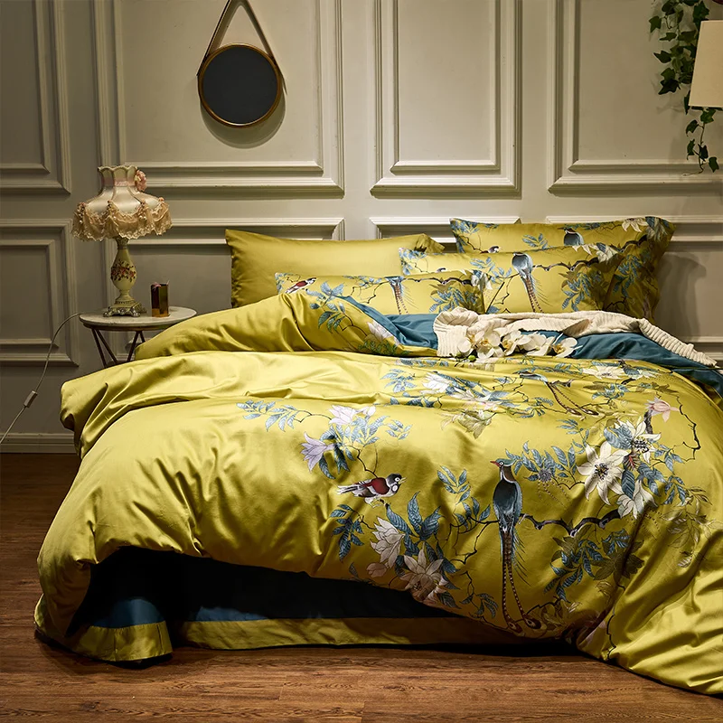 

Yellow Silky Egyptian cotton Chinoiserie style Birds Plant Duvet Cover Super US King Queen Size Bedding Set 4Pcs