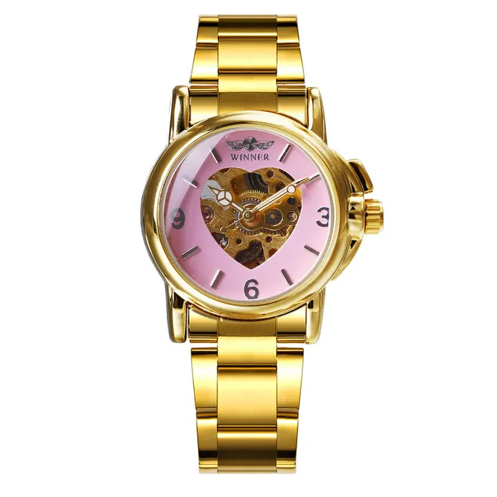 Роскошные женские автоматические механические часы WINNER с золотым сердцем и скелетонным циферблатом из нержавеющей стали, элегантные женские часы - Цвет: GOLDEN PINK