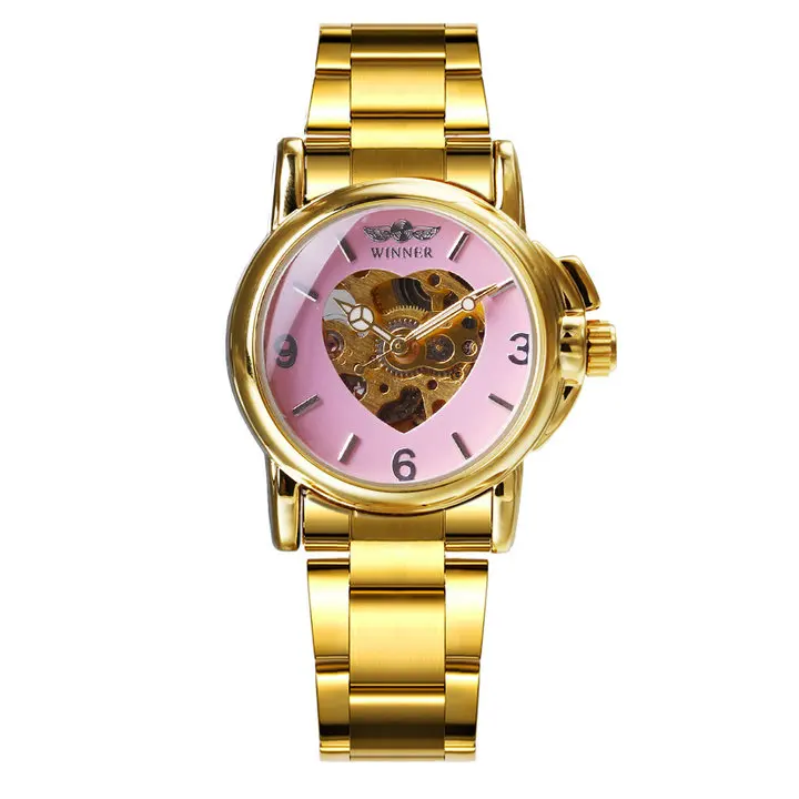 GOLDEN PINK Роскошные женские автоматические механические часы WINNER с золотым сердцем и скелетонным циферблатом из нержавеющей стали, элегантные женские часы - Цвет: GOLDEN PINK