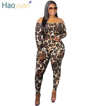 

ZOOEFFBB Sexy Leopard Jumpsuit Rave Body Overalls One Piece Outfits Off Shoulder Long Sleeve Bodycon Rompers Womens Jumpsuit