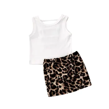 

Summer Toddler Baby Girls Casual Clothes Sleeveless Cotton Backless T-shirt Tops+Leopard Print Mini Skirt Outfits