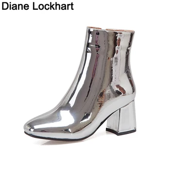 

New Sliver Gold Women Ankle Boots Pointed Toe Chunky High Heel Boot Mirror Metallic Woman Pump Female Sexy Stiletto Boots Winter