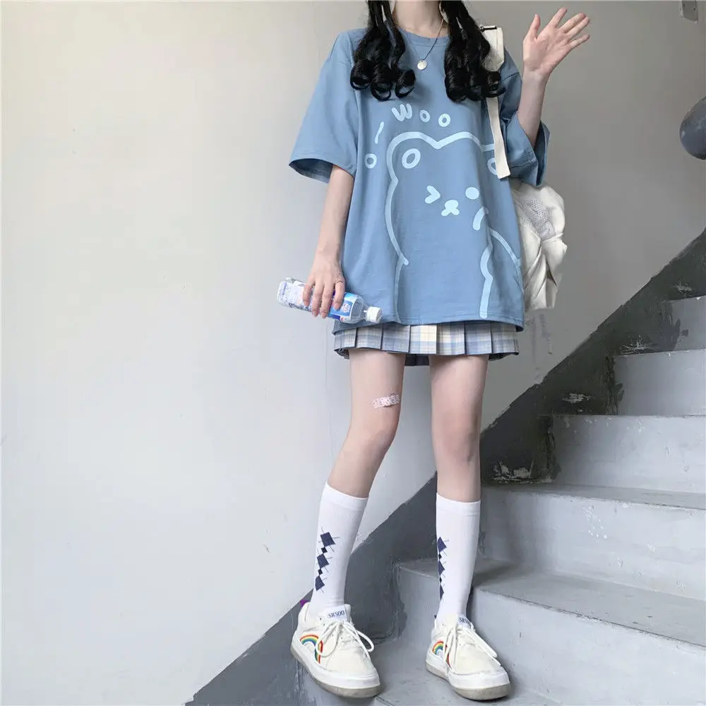 Japanese Casual Cartoon Summer Short-sleeved T-shirt Female Student Loose Soft Girl Cute College Style All-match Loose Top New winter jackets for men