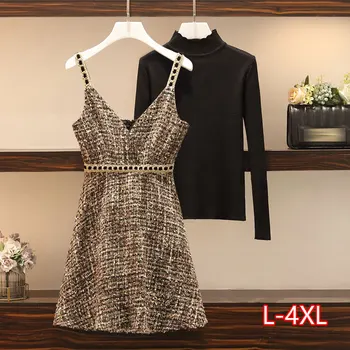 

Plus Size 2020 Autumn 2 Piece Set Women Cotton Black Pullover Sweater V-neck Camis Black Dress Ropa Mujer Sets