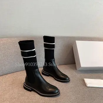 

2020 women's new knitted leather boots, stylish and simple style with chain on the side of the shoe