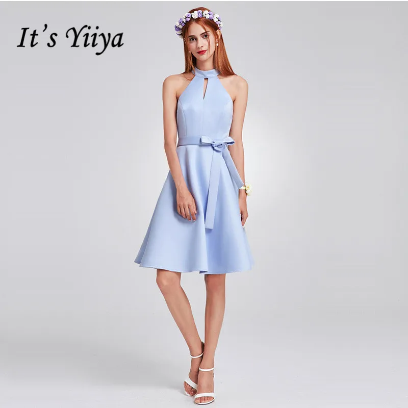 

It's Yiiya Prom Dress Plus Size Sky Blue Knee Length Women Party Gowns C414 Elegant Sleevelvess Halter Formal Dresses 2020