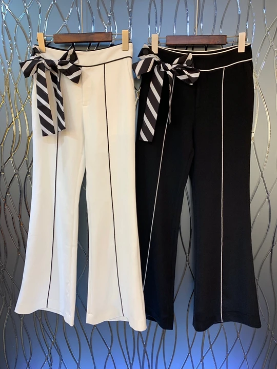 

2019 Early Autumn New Women's Stripe Decorative Side Lace Knotting Decorative Pants 907