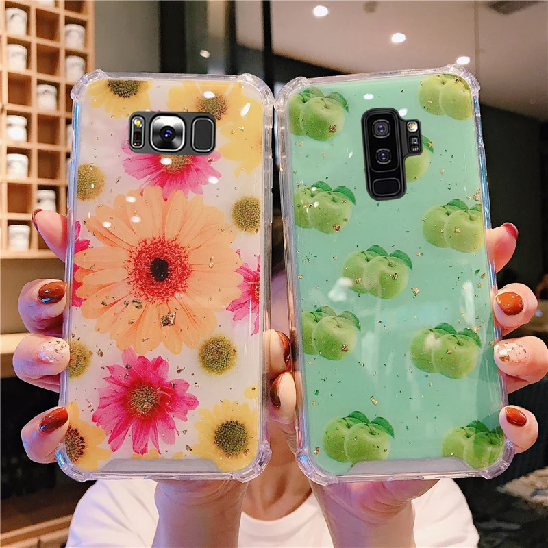 Shockproof Glitter Gold Foil Case For Samsung Galaxy S8 S9 Plus S10E S10 5G Note 8 9 Fruits flowers |