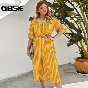 

GIBSIE Plus Size Button Front Tunic Striped Jumpsuit Women Summer V-Neck Half Sleeve High Waist Ladies Casual Wide Leg Jumpsuit