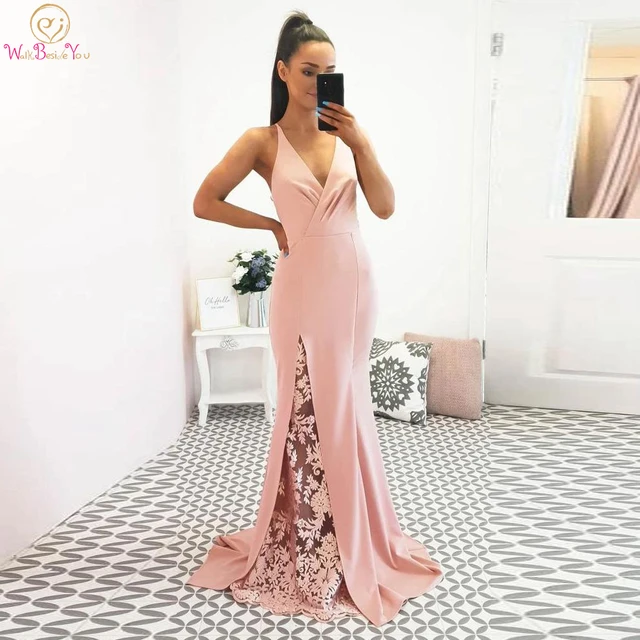$US $69.80 Evening Dress Women Elegant 2020 Satin Blush Pink Prom Gown Junior Girl V Neck Formal Gown Mermaid Open Back Sheer Lace Slit
