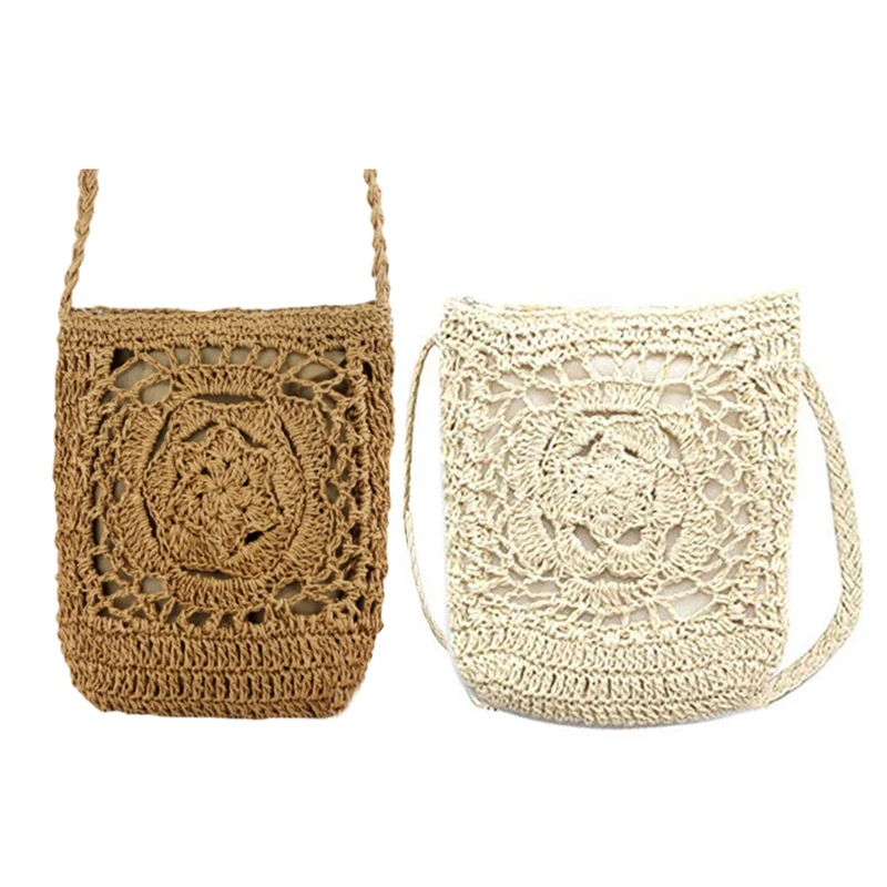 FGGS-2 Pcs Women Cute Crochet Sling Beach Summer Purse Straw Shoulder Handbag(Brown &amp Beige) |