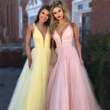 Newland ZhiMei блестящее платье для выпускного вечера розовое ТРАПЕЦИЕВИДНОЕ ПЛАТЬЕ С глубоким v-образным вырезом без рукавов блестящие Длинные вечерние платья Формальные Элегантные платья