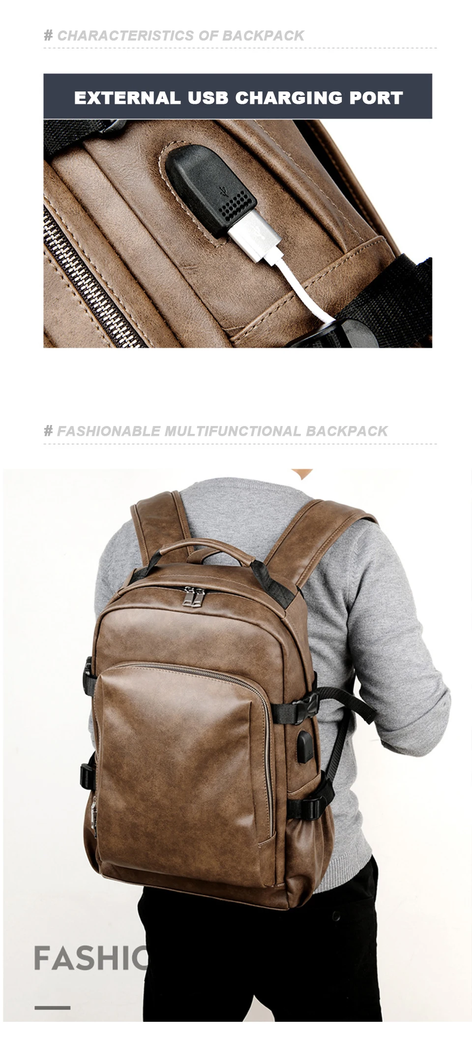 PU Leather Backpack USB Charger Men Bag Male Back Pack School Student Waterproof Laptop Bags Notebook Man 15.6 for Teenager Boys (6)