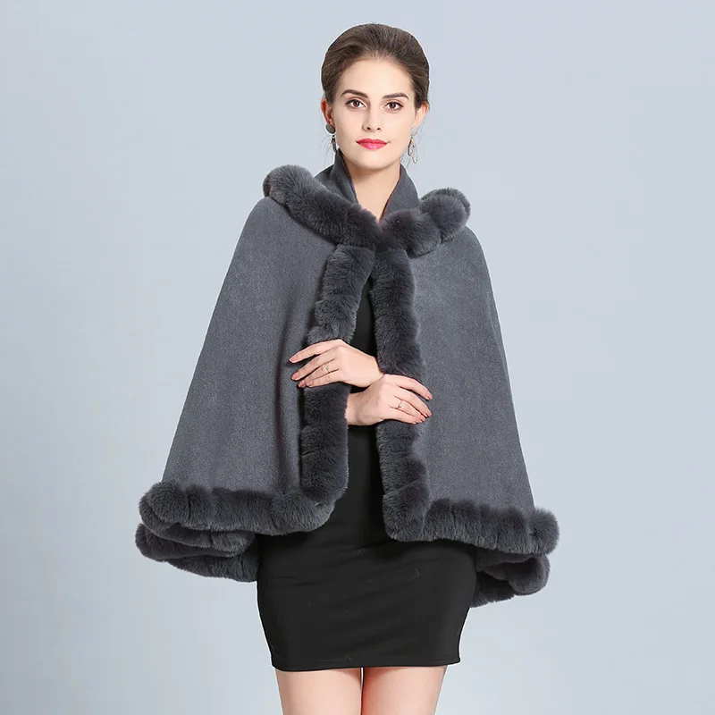 

SWONCO Woolen Coat Cape With Hood Women Phocho Faux Fox Fur Winter Cloak Women Cape Dress Coat 2019 Ponchos Y Capas Mujer Capes