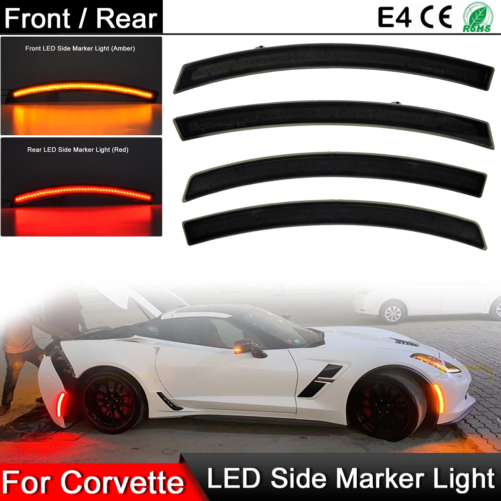 

4Pcs For Chevrolet Chevy Corvette C7 2014-2019 Smoked Lens Front Rear Side Fender Reflector Lamp LED Side Marker Warning Light