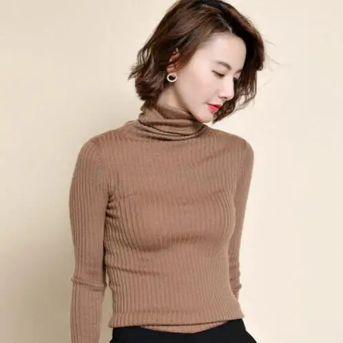 GCAROL, новинка, женский свитер с высоким воротом, в полоску, 30% шерсть, OL, минималистичный джемпер, Осень-зима, стрейчевый, базовый, трикотажный пуловер, S-2XL - Цвет: Moka Coffee