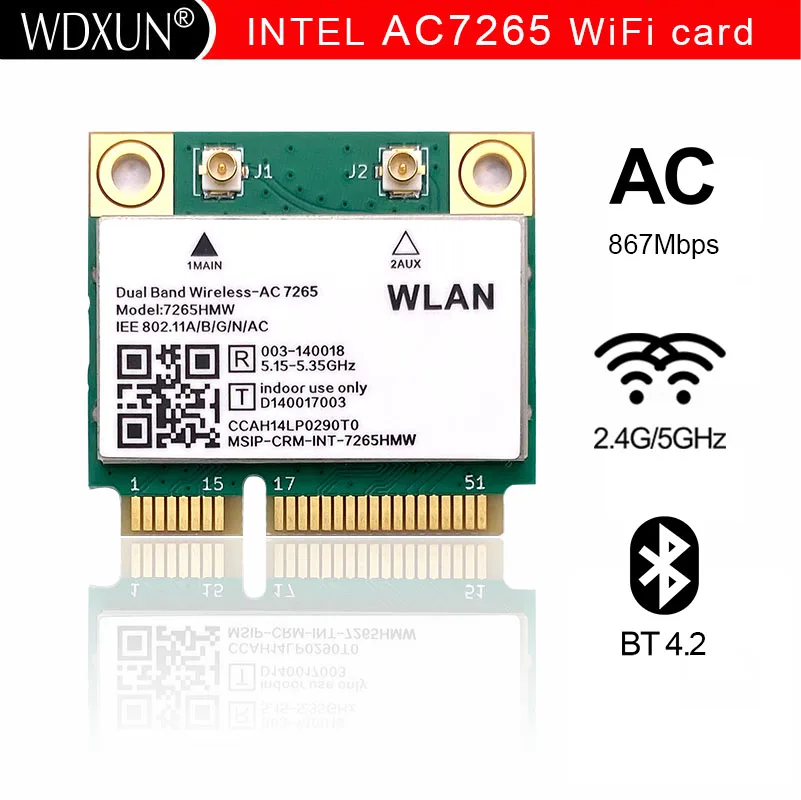 Adattatore Wifi Scheda Di Rete Per Intel Ac7265 Dual Band Mini Pc-E Wifi Card Per Intel 7265Ac 802.11Ac 2X2 Wifi + Bluetooth 4.2