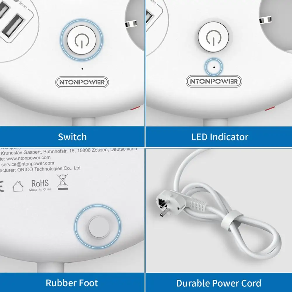 NTONPOWER Smart USB Power Strip Wall Mounted EU Plug Power Extension Cord 5 AC Socket 2 USB Charger Network Filter for Home