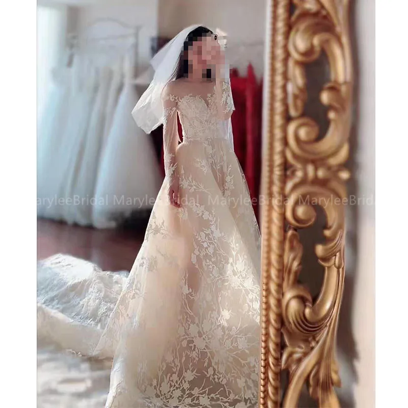 Романтическое кружевное свадебное платье vestido de noiva прозрачный тюль с длинным рукавом трапециевидной формы с шлейфом vestido de noiva Невеста-принцесса платье