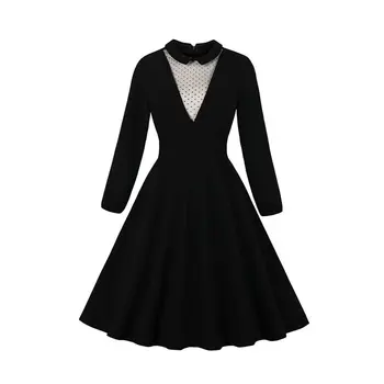 

Retro Lapel Lace Polka Dot Gothic Black Dress Maxi Length Standard-Waist Mid Dresses Elegant Chic Long Sleeve Party Splice Robe