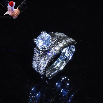 

OMHXZJ Wholesale RR1596 European Fashion Fine Woman Girl Party Birthday Wedding Gift Shiny AAA Zircon 18KT White Gold Ring Set