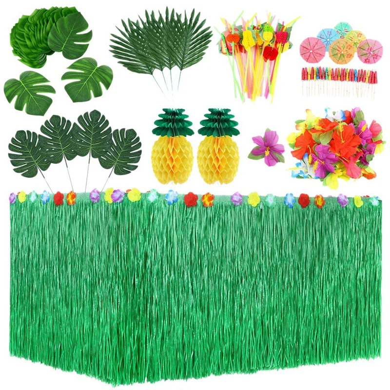 

HLZS-107 Pcs Tropical Party Decoration Set with Hawaiian Table Skirt Palm Leaves Hawaiian Flowers Tissue Pineapple Umbrellas and
