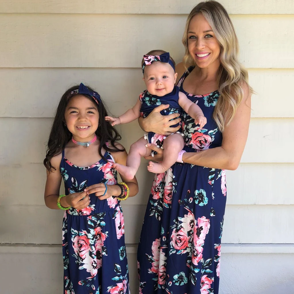 PatPat 2021 New Summer Dark Blue Printed Matching Dresses Matching Outfits Mommy and