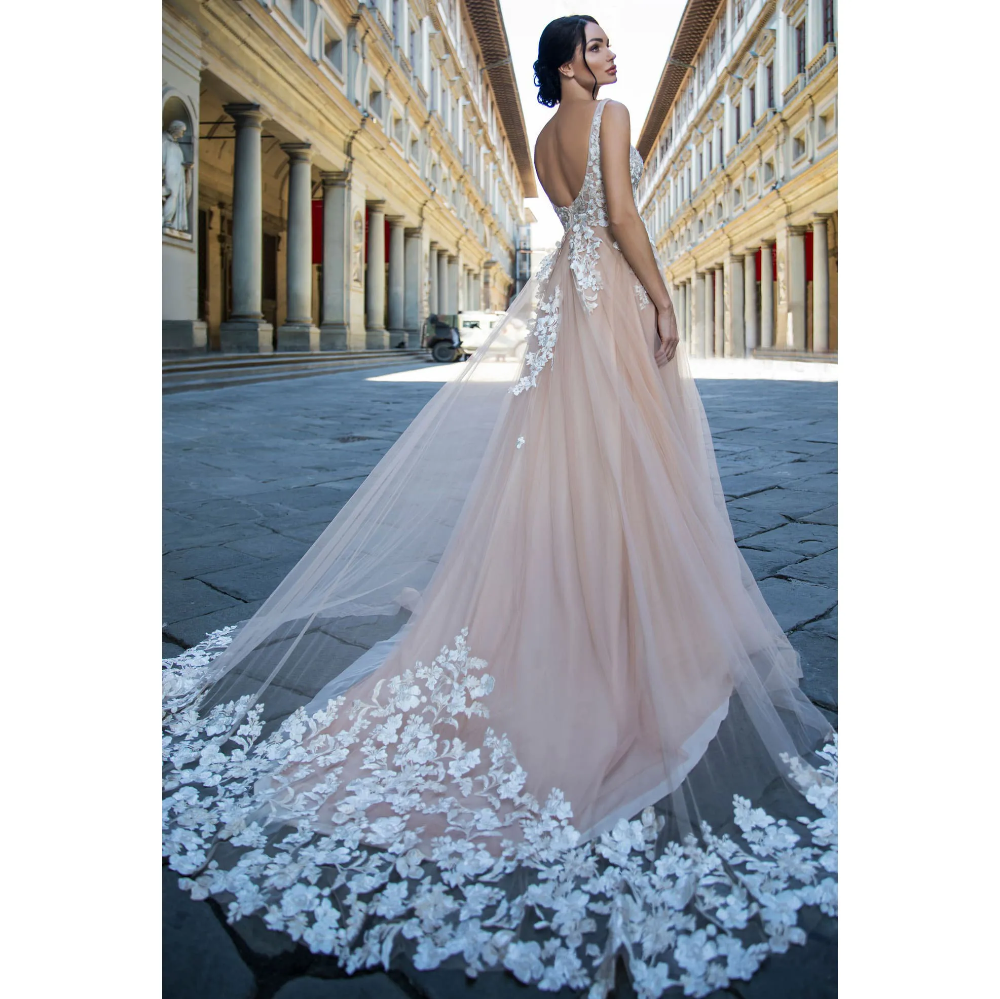 

Champagne Boho Wedding Dresses With Exqusite Floral Appliques Soft Tulle Backless Train Bride Dress robe de soire