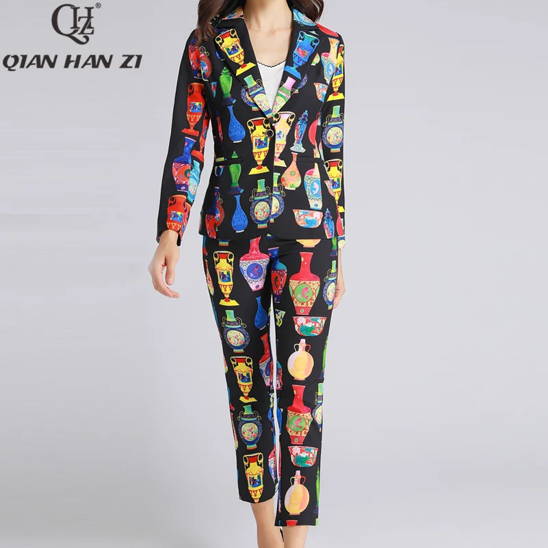 

Qian Han Zi Autumn/Winter Designer fashion coat 2 piece set Women's Single Button coat+vase print Ankle-Length Pants Suit set