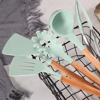 

11 Pcs Heat Resistant Silicone Cookware Set Nonstick Cooking Tools Kitchen Baking Tool Kit Wood Handle With Square Barrel