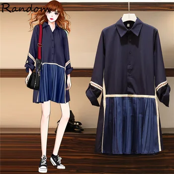 

L-4XL Plus Size Women Fall Pleated Patchwork Shirt Dress Autumn 2020 Long Sleeve Ruff Stripe Sexy Fashion Tunic Street Dresses