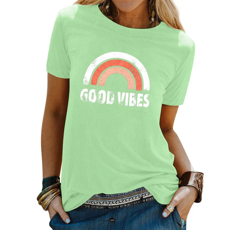 Женский топ с надписью Good Vibes Rainbow хлопковая Футболка круглым вырезом и коротким