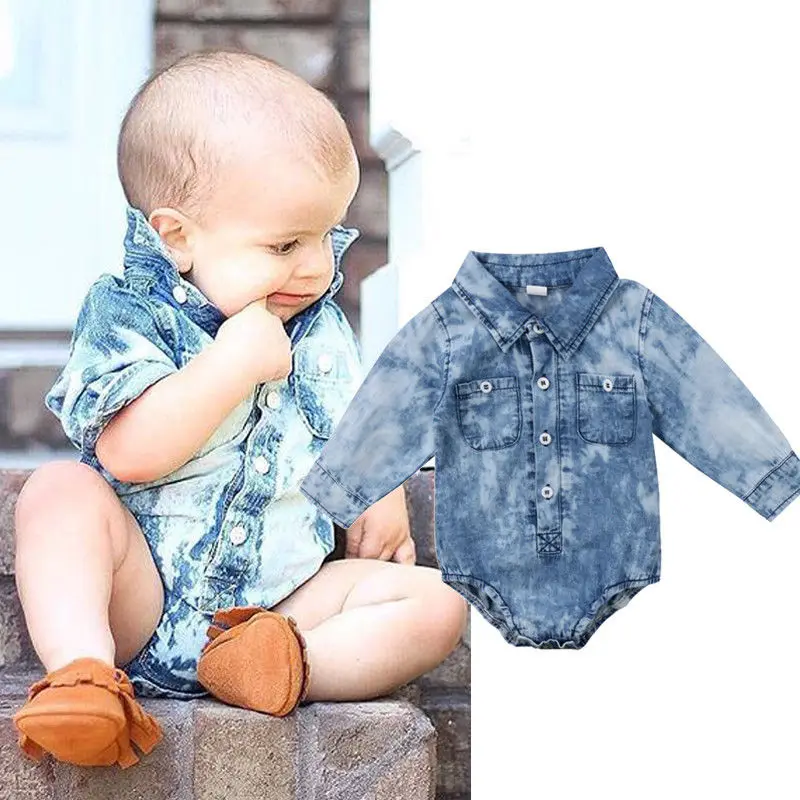 Newborn Infant Kids Baby Boy Girl Denim Long Sleeve Romper Jumpsuit Bodysuit Clothes Outfit With Pocket