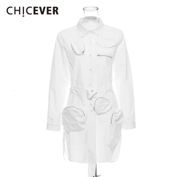 

CHICEVER White Korean Shirt For Women Lapel Collar Long Sleeve Pocket With Sashes Blouse Female 2020 Autumn Fashion New Clothes